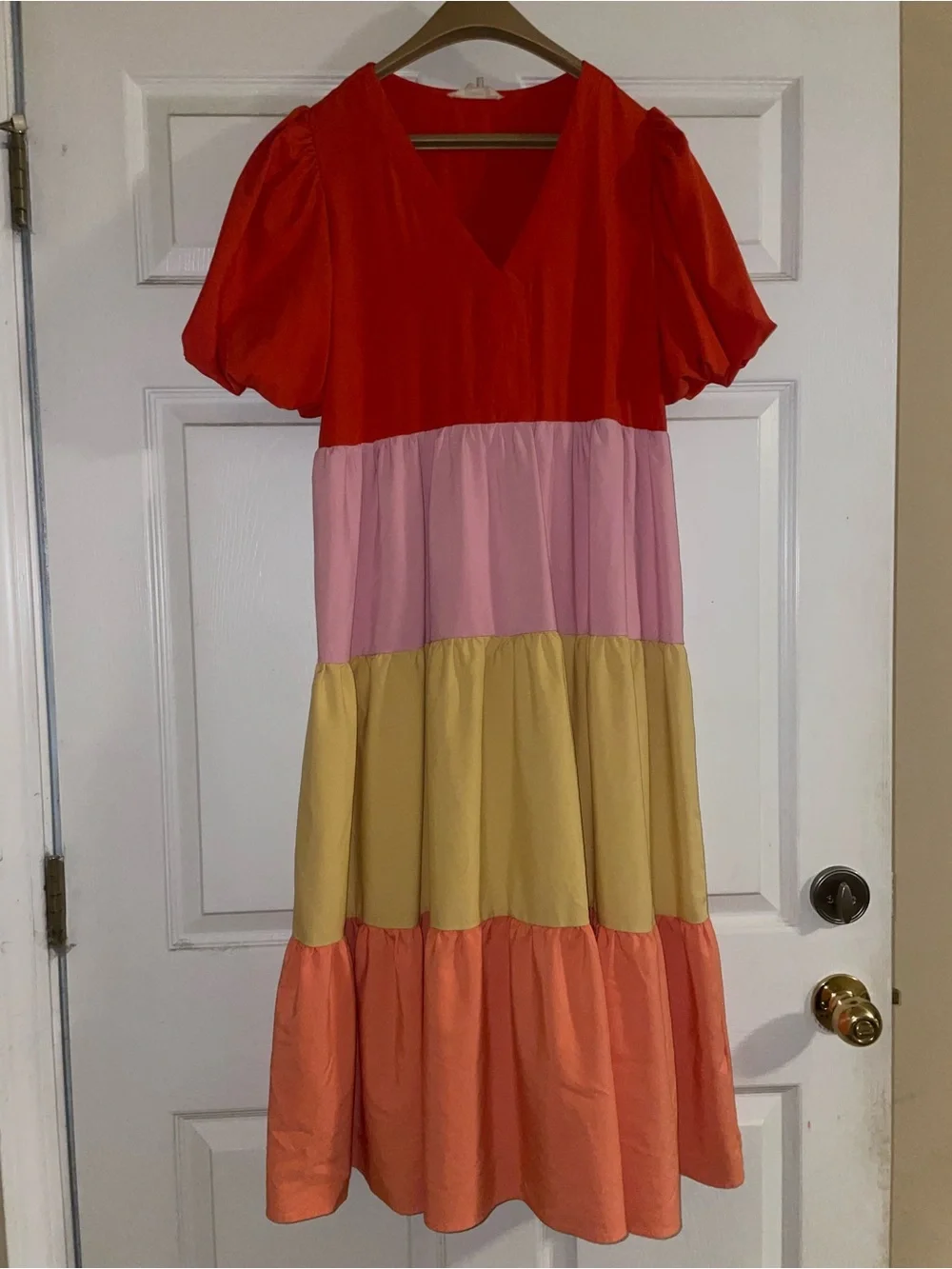 entro Red, Pink, Yellow & Orange Tiered Puff-Sleeve Dress - Picture 1 of 2